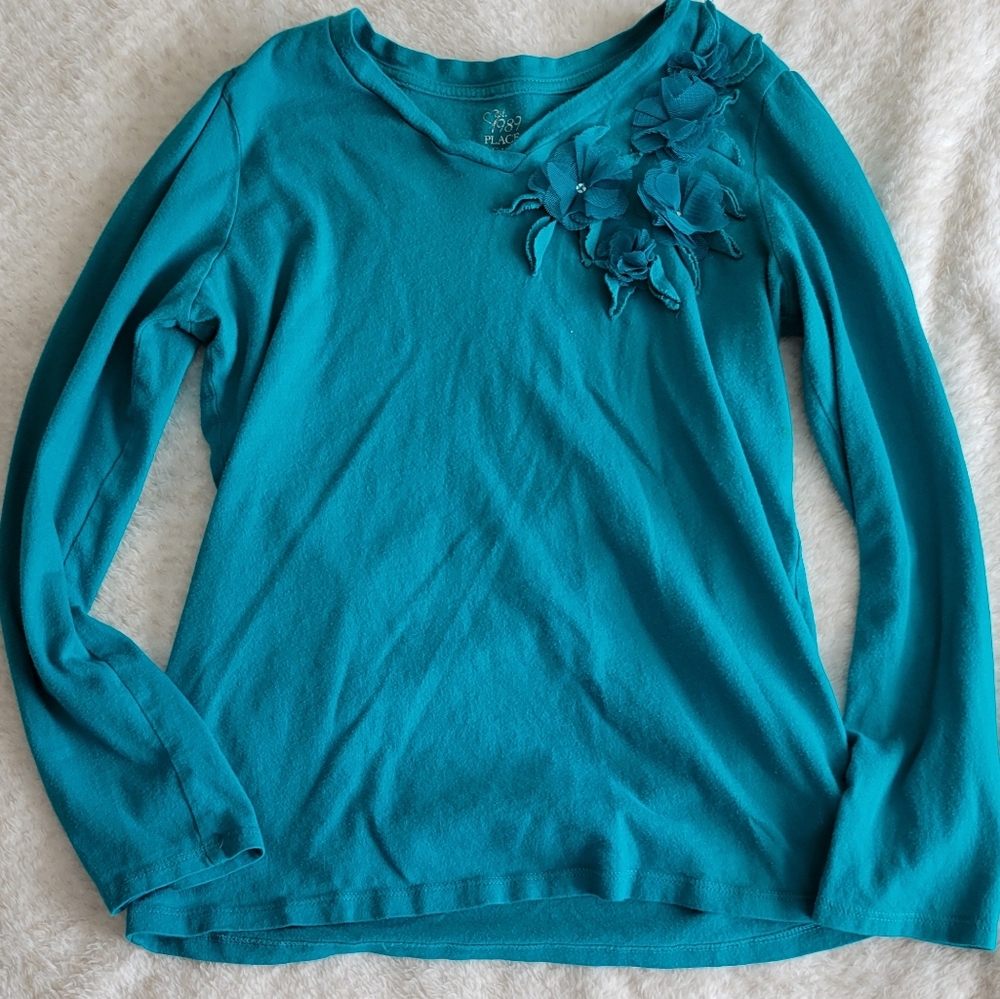 Place Teal Long Sleeved Cotton Top With Floral 3d Design